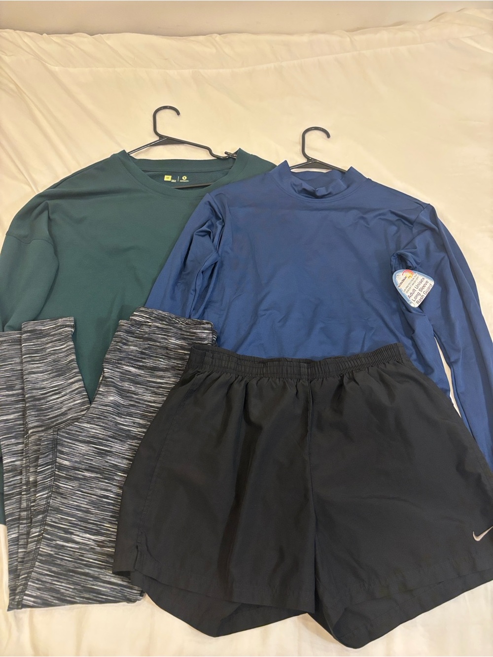 Athletic Bundle: Green Sweatshirt, Blue UV Rash Guard Top, Black Nike Shorts S-M